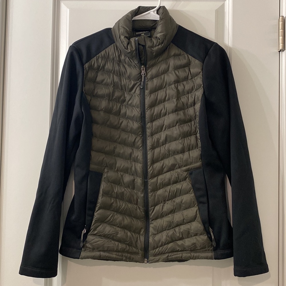olive green and black puff coat